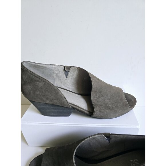 Eileen Fisher D'Orsay Peep Open Toe Gray Leather Wedge Heel Sandals Shoes 8.5 - Picture 4 of 14